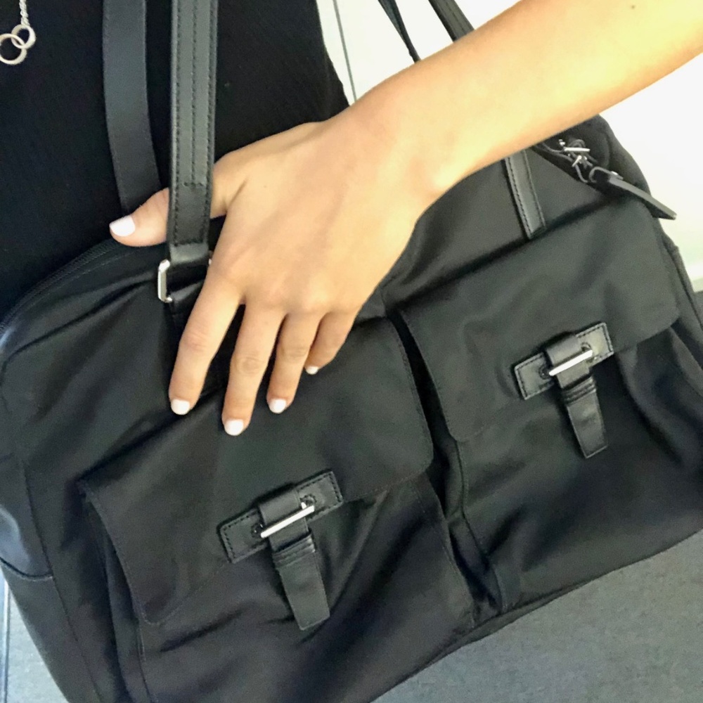 Tumi Tote: Black Nylon Bag with Leather Handles